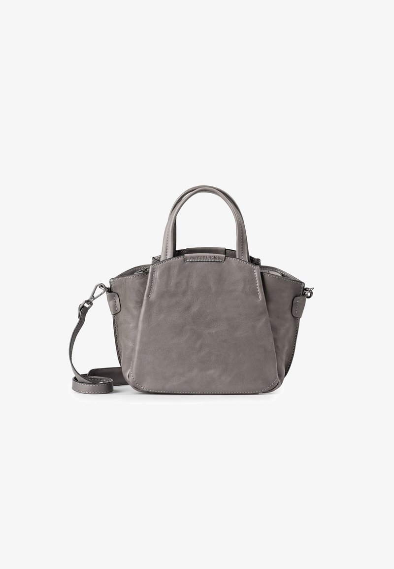 Borsa in pelle grigia con due manici corti, una tracolla removibile e un design minimalista. Presenta dettagli di cucitura sottili.