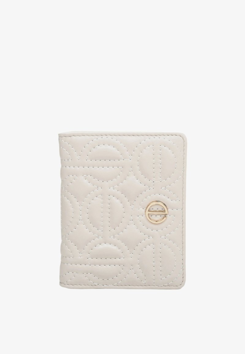Textured cream wallet featuring circular quilted pattern, a gold-tone hardware accent, and a secure snap closure. Compact and rectangular shape.