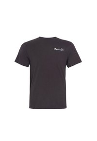 Schwarzes Baumwoll-T-Shirt mit kurzen Ärmeln, Rundhalsausschnitt und einem kleinen weißen Logo-Text im oberen Rückenbereich. Glatte Textur und lässige Passform.