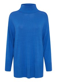 Pulover turcoaz supradimensionat cu guler înalt, cu accente ribbate, mâneci lungi și textură moale. Prezintă o croială confortabilă și un design minimalist.