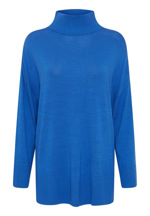 Jersey de cuello alto azul de gran tamaño con acentos de canalé, mangas largas y textura suave. Presenta un ajuste cómodo y un diseño minimalista.
