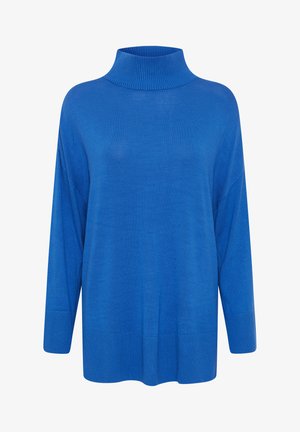 Jersey de cuello alto azul de gran tamaño con acentos de canalé, mangas largas y textura suave. Presenta un ajuste cómodo y un diseño minimalista.