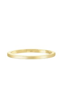 Goldring, glatte Oberfläche, runde Form, flache Kanten, innen mit "375" für die Goldreinheit gekennzeichnet. Einfaches, minimalistisches Design.