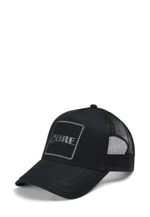 Black baseball cap with mesh back, featuring a rectangular patch that reads "THE CURE" in gray embroidery. Curved bill with stitched details.