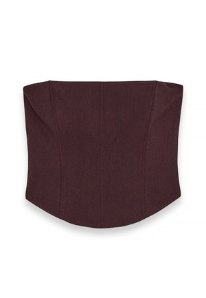 Burgundia struktuurne korsett, millel on kontuuritud kuju, seam detailidega ja siledast tekstuurist. Nähtavaid kinnitusi või kaunistusi pole.