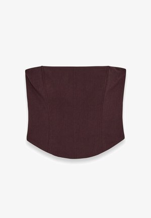 Burgundia struktuurne korsett, millel on kontuuritud kuju, seam detailidega ja siledast tekstuurist. Nähtavaid kinnitusi või kaunistusi pole.