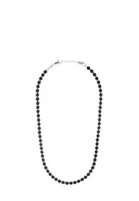 Collar de cuentas negras compuesto por cuentas redondas y lisas con un cierre de plata, que presenta un diseño simple y simétrico con una textura uniforme.