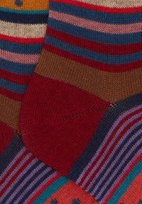 Calze a righe con una varietà di colori: rosso, blu, marrone e rosa. La texture è a costine con la parte delle punte e dei talloni arrotondata.