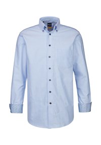 Camicia azzurra a maniche lunghe con colletto a punte. Presenta bottoni scuri e polsini con motivo. Include una tasca sul petto. Realizzata in tessuto misto cotone.