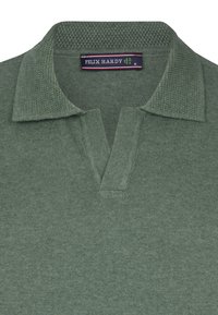 Grünes Polohemd mit strukturiertem Kragen und einer Knopfleiste mit drei Knöpfen. Aus gestricktem Stoff mit glatter Oberfläche. Markenetikett sichtbar.