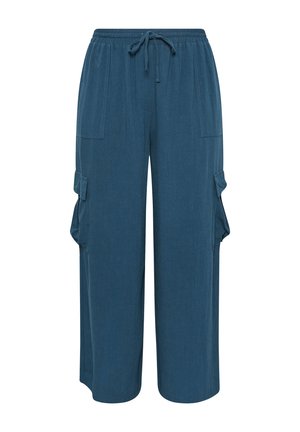 Pantaloni cargo blu a gamba larga con vita elastica e cordoncino. Presentano due tasche laterali e due grandi tasche cargo sulle gambe.