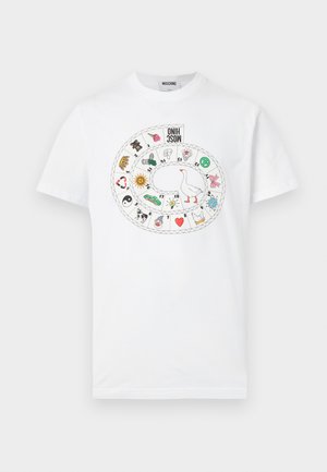 White cotton t-shirt featuring a colorful circular graphic with various animal and nature illustrations in the center.