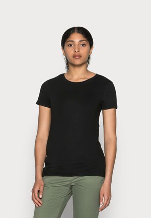T-shirt noir à manches courtes avec un col rond, fabriqué en tissu doux, doté d'un design slim fit et de coutures minimales pour une allure épurée.