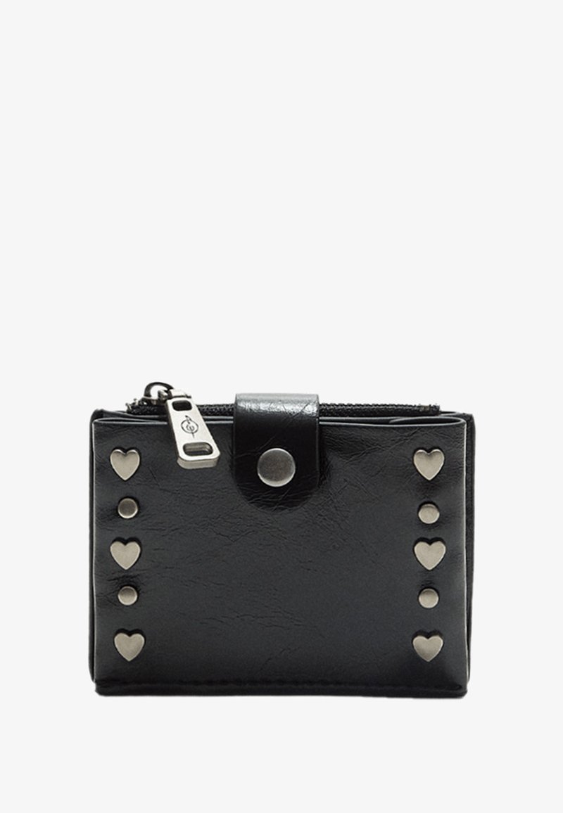 Black faux leather wallet with a top zipper, snap closure, and decorative silver heart studs on one side. Compact rectangular shape.