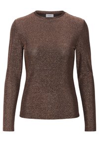 Ruskea pitkähiha-yläosa, joka on valmistettu teksturoidusta, kimaltavasta kankaasta. Siinä on pyöreä kaula-aukko ja istuva malli.