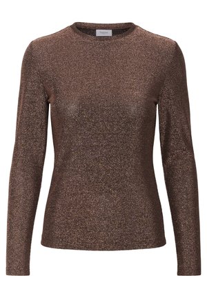 Top maro cu mâneci lungi, realizat dintr-un material texturat și strălucitor. Are un decolteu rotund și o croială mulată.