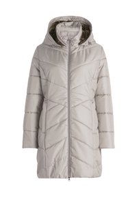 Ljusgrå vadderad jacka med huva, med ett quiltat mönster, dragkedjestängning och sidofickor. Mjuk pälsfoder runt huvan.
