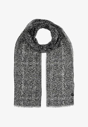 Šal z leopardjim vzorcem v črni in sivi barvi. Lahka izdelava, pravokotna oblika, s frufru robovi, ki prikazuje ponavljajoč se živalski vzorec.