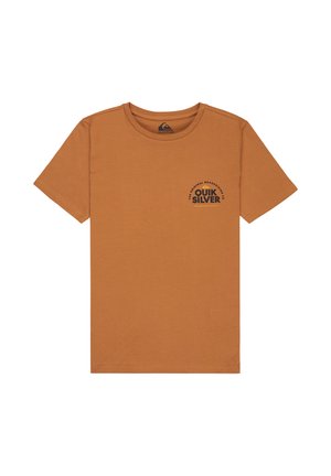 Bruin katoenen T-shirt met korte mouwen, een ronde hals en een zwart rond logo op de linkerborst met merktekst.