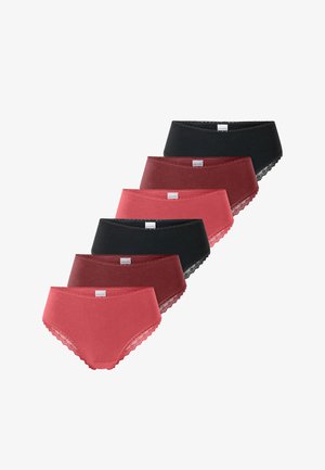 Ensemble de six slips en rouge, bordeaux et noir. Mélange de coton avec bordure en dentelle à la taille et aux ouvertures des jambes. Design classique, coupe taille mi-haute.