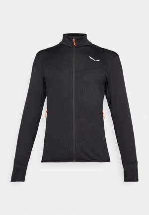 Černá bunda na zip s texturovanou tkaninou, vysokým límcem, kontrastním oranžovým zipem a logem na levé horní straně. Dlouhé rukávy a přiléhavý střih.
