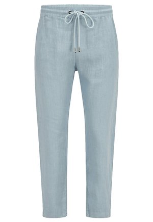 Lichtblauwe casual broek met elastische tailleband en vooraan trekkoord, taps toelopende pijpen, gemaakt van lichtgewicht stof.