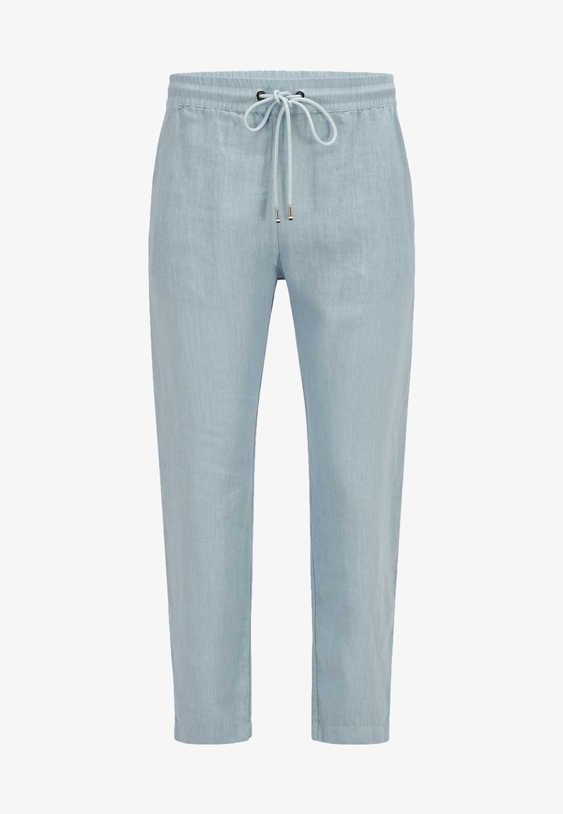 Pantalon décontracté bleu clair avec taille élastique et cordon à l'avant, jambes effilées, fabriqué en tissu léger.
