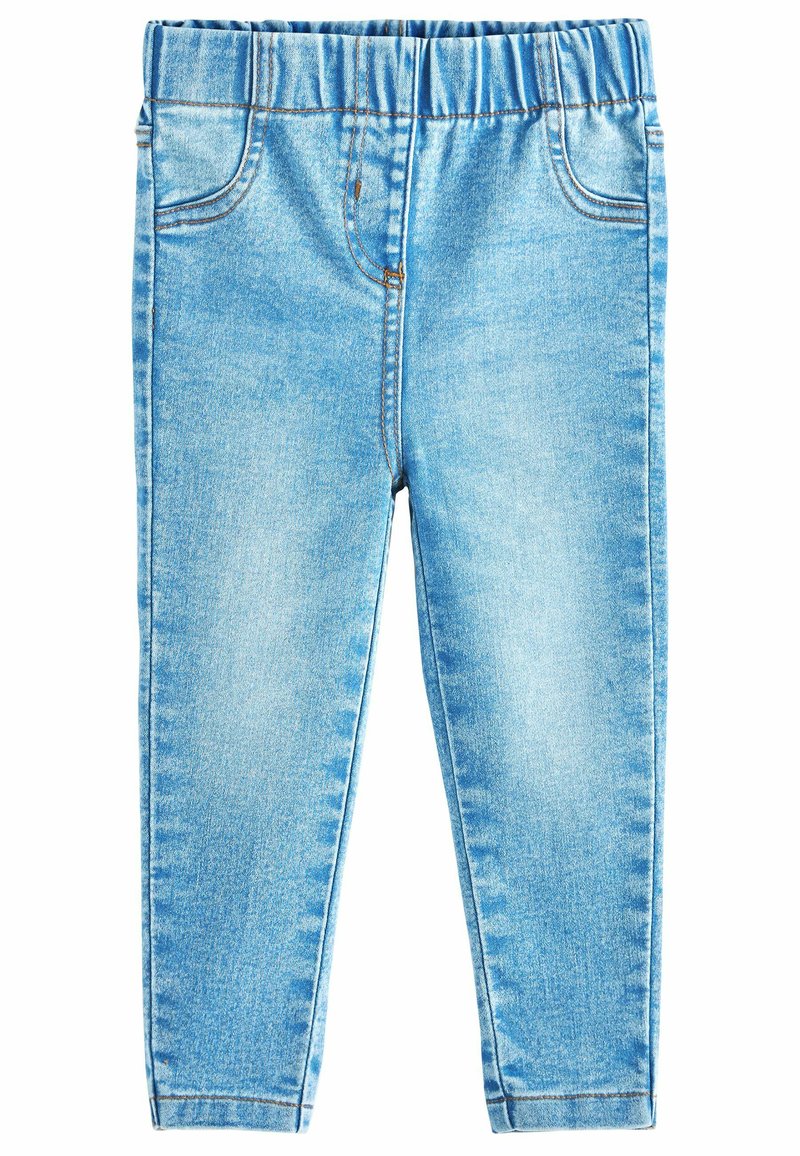 Lichtblauwe denim broek met een elastische tailleband, vijf zakken en zichtbare stiksels. Glad textuur met een vervaagde afwerking.
