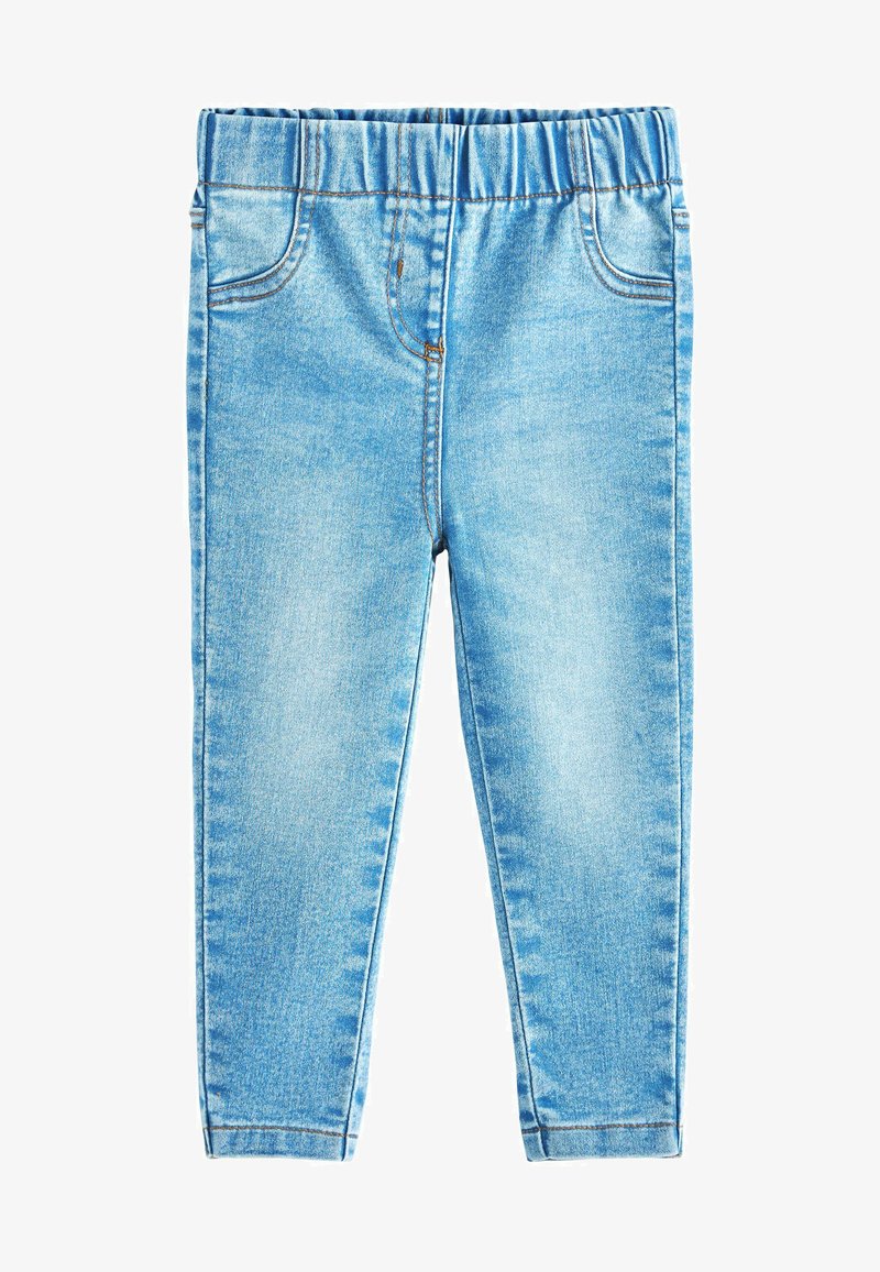 Svijetloplave traperice s elastičnom trakomicom u struku, pet džepova i vidljivim šavovima. Glatka tekstura s izblijedjelim završetkom.