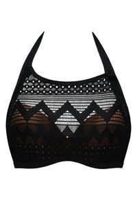 Černý síťovaný podprsenkový top s geometrickým vzorem zigzag a kruhů, nastavitelné ramínka a hladký pás. Texturovaný materiál pro prodyšnost.