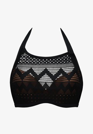 Sort mesh bh-top med et geometrisk mønster af zigzags og cirkler, justerbare stropper og en glat kant. Teksturmateriale for åndbarhed.