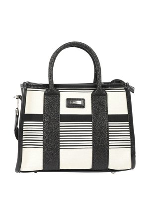 Sac à main rayé noir et blanc avec deux bretelles verticales noires scintillantes et des anses arrondies, forme rectangulaire et fermeture éclair sur le dessus.