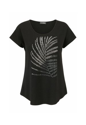 Black short-sleeve t-shirt with a rounded neckline, featuring a metallic silver palm leaf design embellished with rhinestones.
