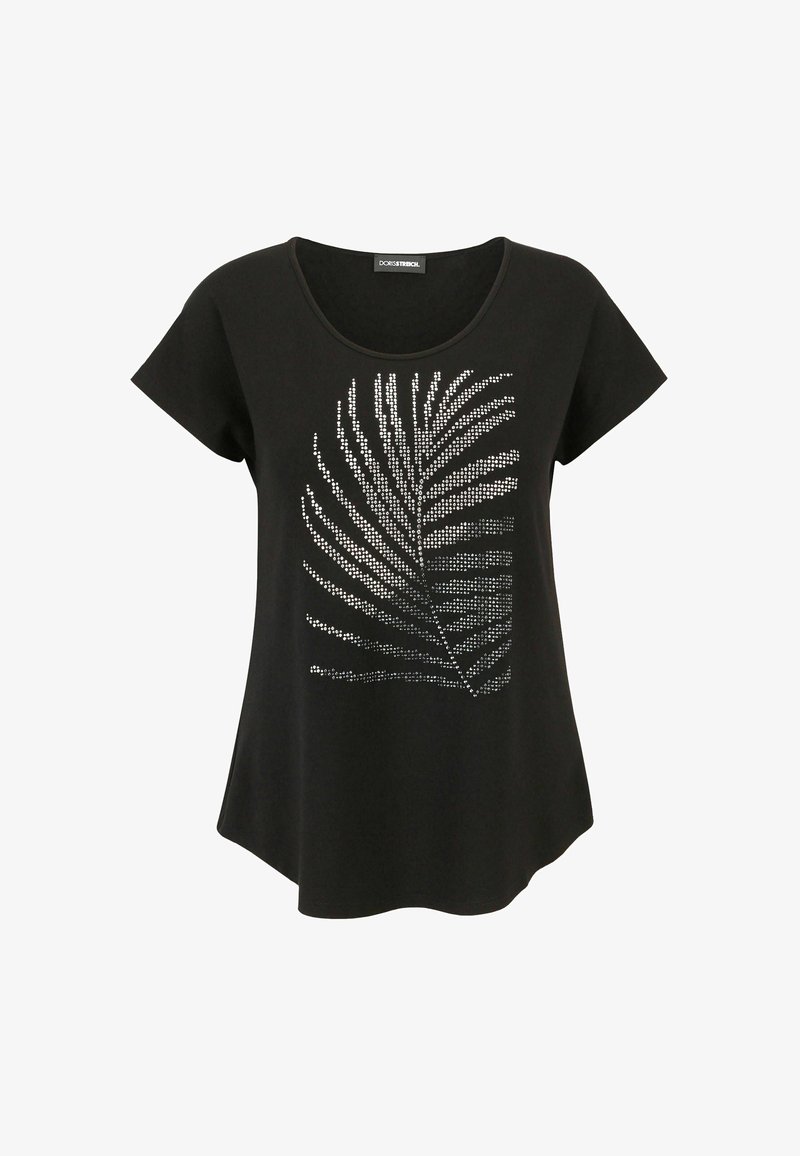 Schwarzes T-Shirt mit kurzen Ärmeln und rundem Ausschnitt, verziert mit einem metallisch silbernen Palmblattdesign, das mit Strasssteinen geschmückt ist.