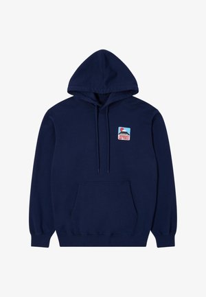 Felpa con cappuccio blu navy in cotone, con tasca a marsupio frontale e etichetta grafica sul lato sinistro del petto.