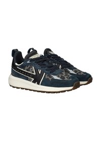 Pair of navy blue and black sneakers with leopard print accents, white soles, and black laces angled right on a white background.