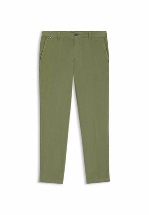 Pantaloni da uomo in cotone verdi con un design a gamba dritta, tasche frontali e chiusura con un singolo bottone. Tessuto liscio con dettagli minimi.