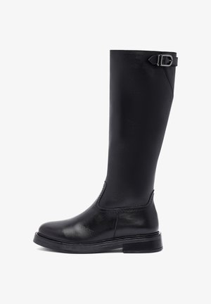 Black knee-high boots made of smooth leather, featuring a rounded toe, thick sole, and a side buckle detail for adjustable fit.