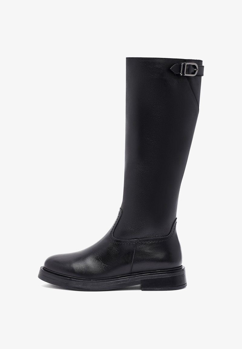 Black knee-high boots made of smooth leather, featuring a rounded toe, thick sole, and a side buckle detail for adjustable fit.