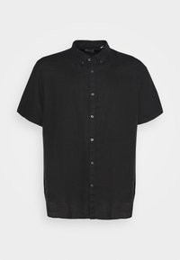Cameria nera a maniche corte con bottoni realizzata in lino. Presenta un colletto button-down, una texture liscia e un orlo dritto con una vestibilità rilassata.