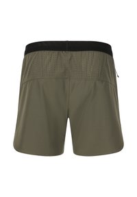 Olivgröna shorts med svart elastisk midja, som har en perforerad design på baksidan för ventilation och en mjuk tygstruktur.