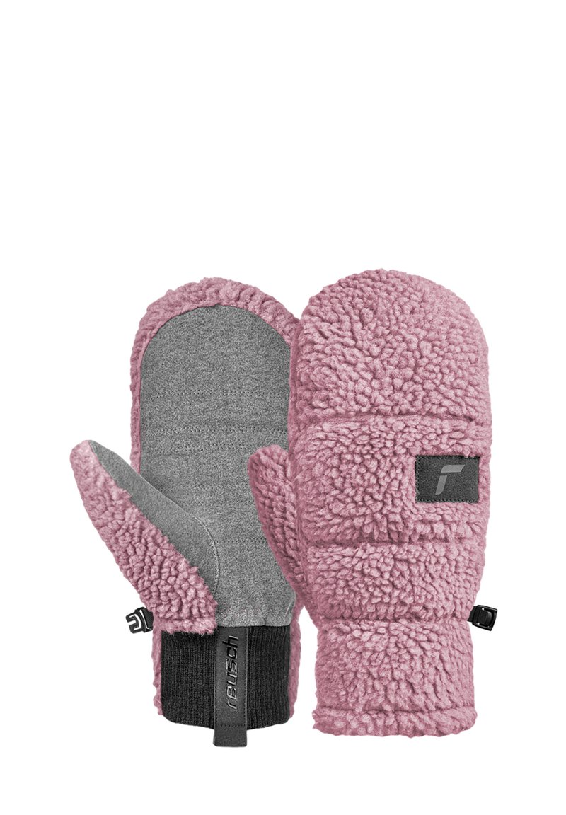 Rosa Fleece-Handschuhe mit weichem, strukturiertem Außenmaterial, grauem Innenfutter und einem schwarzen gerippten Bündchen. Mit einem kleinen Logopatch versehen.