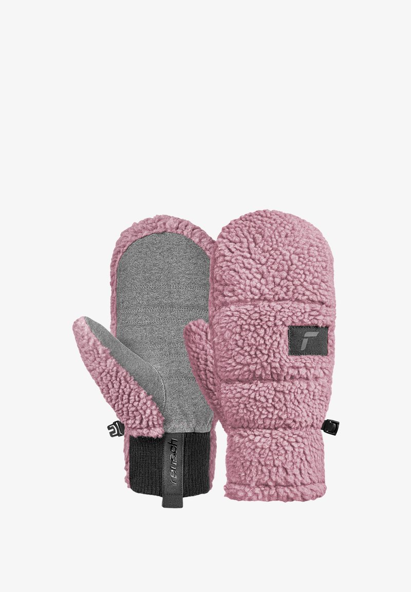 Rosa Fleece-Handschuhe mit weichem, strukturiertem Außenmaterial, grauem Innenfutter und einem schwarzen gerippten Bündchen. Mit einem kleinen Logopatch versehen.