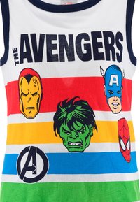 White tank top with colorful horizontal stripes. Features Avengers characters: Iron Man, Hulk, Captain America, and Spider-Man.