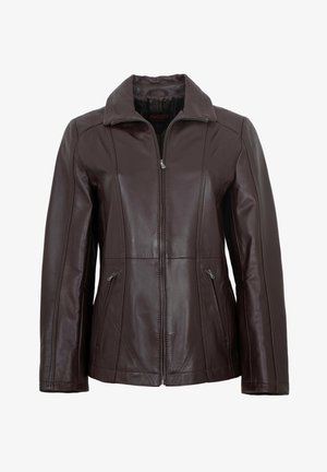 Dunkelbraune Lederjacke mit Frontreißverschluss, zwei Reißverschlusstaschen und einem klassischen Kragen, gezeigt vor weißem Hintergrund.