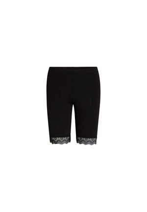 Black biking shorts made from stretchy fabric, featuring a lace trim at the hem. The shorts have a fitted design and knee-length cut.