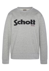 Felpa grigia con girocollo, maniche lunghe e un grande logo nero "Schott" con "N.Y.C." in un piccolo testo rosso sottostante.