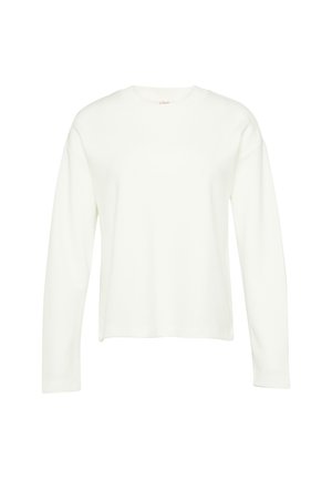 Pull à manches longues, col rond en tricot de couleur écru. Il présente une coupe décontractée et des poignets côtelés, avec une texture lisse et un design minimaliste.