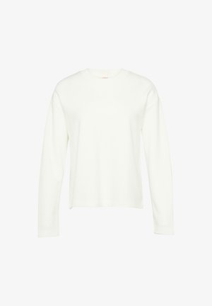 Sweter z długim rękawem i okrągłym dekoltem w off-white, wykonany z dzianiny. Posiada luźny krój oraz ściągacze przy mankietach, charakteryzuje się gładką fakturą i minimalistycznym designem.