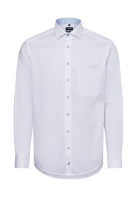 Weißes Langarmhemd mit Button-Down-Kragen, hellblauen Akzenten, Taschen auf der Vorderseite und strukturierter Stoffqualität. Mit kontrastierenden blauen Knöpfen.